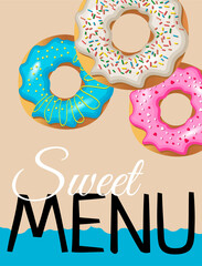 Vector poster for a children's menu in a cafe. Flyer design with donuts in blue, white and pink. Menu cover mockup for bakery on beige background