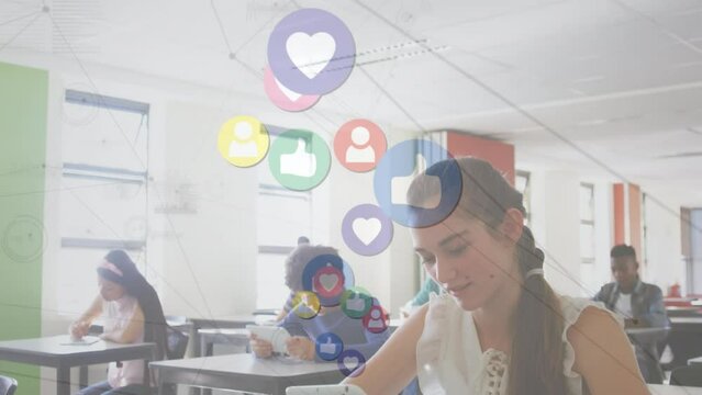 Animation of falling social media icons over diverse group of students