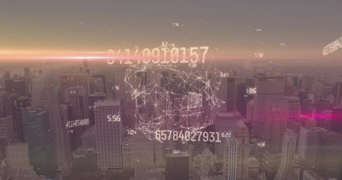 Animation of numbers, globe and connections over cityscape