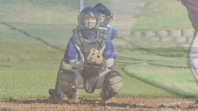 Animation of seascape over caucasian boys playing baseball