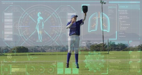 Animation of data processing over caucasian female baseball player - Powered by Adobe
