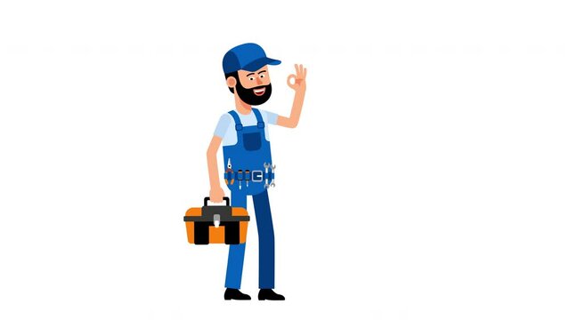 Handyman with toolbox pops up and shows ok gesture. Repair man shows an approving gesture. 2d animation
