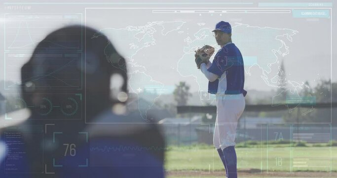 Animation of data processing over caucasian female baseball player