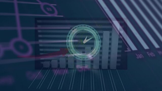 Animation of moving clock over data processing with graph on black background