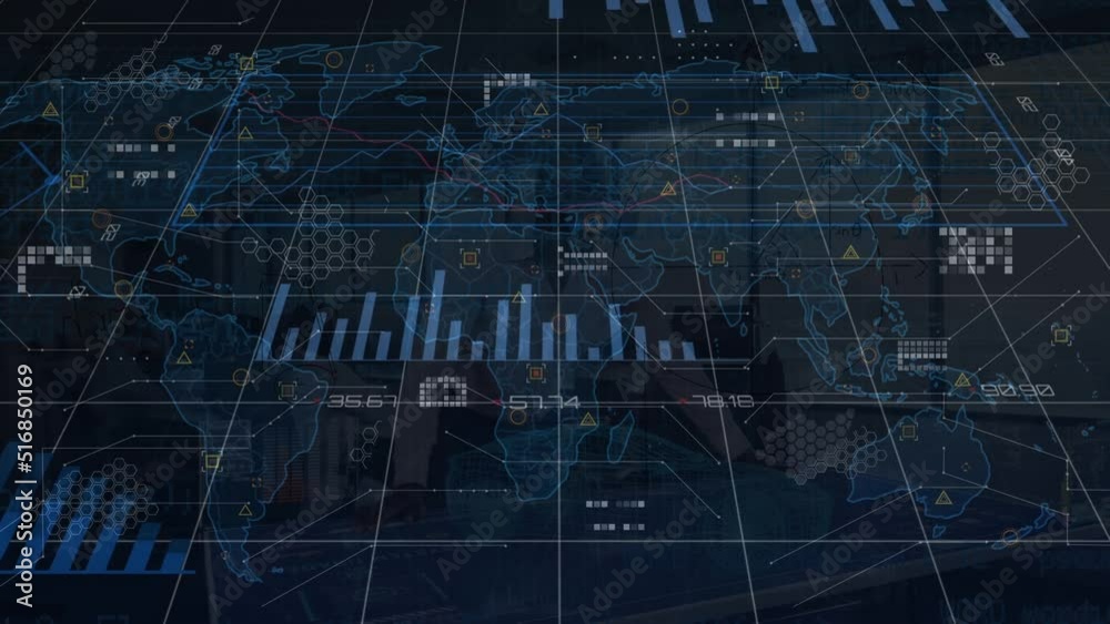 Poster animation of world map with data processing over caucasian businessman using vr headset