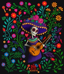 Dia de los Muertos tattoo background. Day of the dead and Halloween. Mexican tradition, festival. Day of the dead Woman make up of sugar skull. Fiesta, Halloween holiday poster, party flyer. - obrazy, fototapety, plakaty