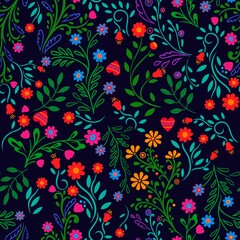 Day of the dead seamless pattern and background with colorful Mexican traditional flowers, Dia de los muertos banner. Decoration with skeletons and flowers. Day of the dead.
