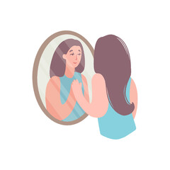 Young woman smiling at herself in the mirror. Peaceful calm girl touching her reflection in the mirror.