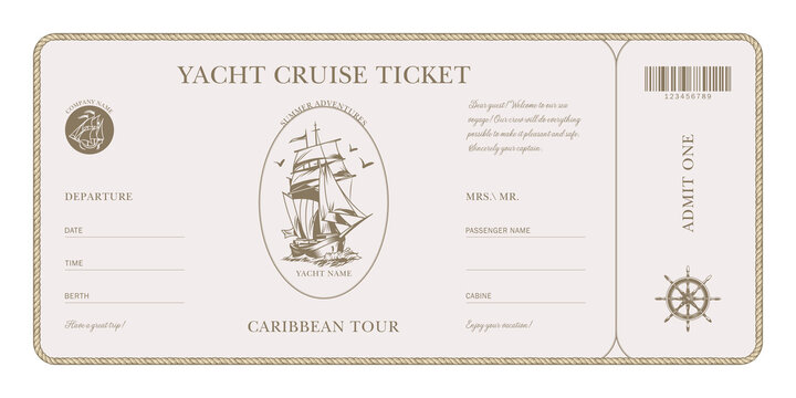 Ticket template for a yacht tour in gold color on a light background. For cruise and travel companies. Can be used for printing.