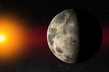 Moon and sun in space with red nebula. National Moon Day. Elements of this image furnished by NASA.