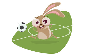 funny cartoon rabbit is playing soccer