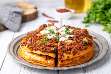 Turkish Food Kayseri Yaglama with Minced Meat, Yogurt and Tomato Paste