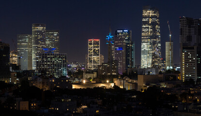 city skyline panoramic view, Tel Aviv, Israel 7.2022 buildings and skyscrapers at night