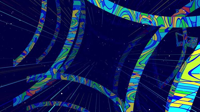 Motion graphic, camera fly in art space, multilayer structure with pattern, glow particles and lines. Ornamental texture rainbow gradient color. Motion design vj loop. Abstract colorful bg. Modern Art