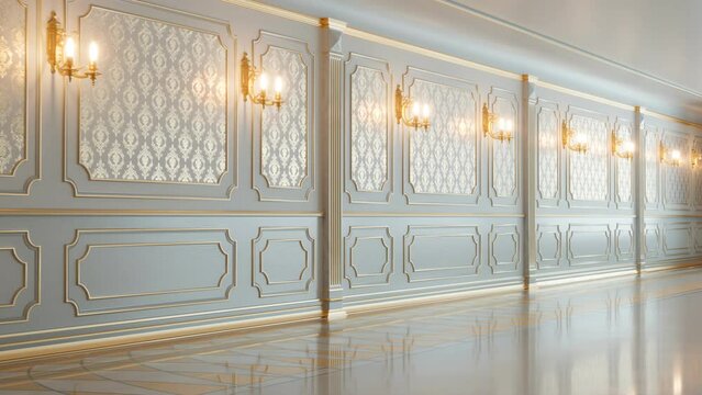 Beautiful white baroque interior with gold decor. Seamless looping animation. 4K