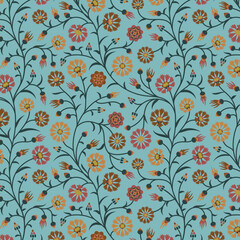 Seamless Vector Pattern with Ditsy Autumn Florals on Blue Background