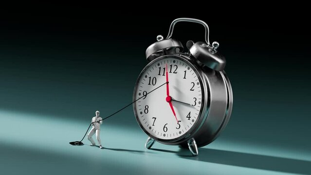 A businessman tries to stop time on an alarm clock. A man pushes back hour arrow