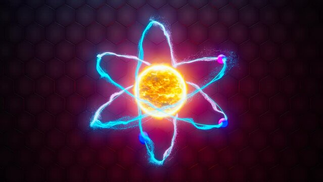 Abstract visualization of the molecule. Glowing atom symbol with electrones.
