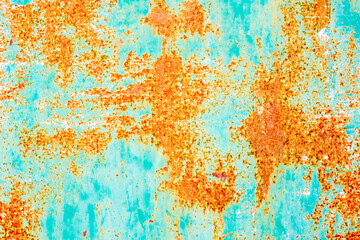 Rusty metal surface with tones  of green and orange with strong corrosion
