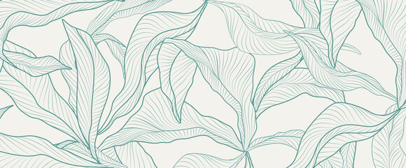 Light art background with silhouette of tropical leaves in line style. Botanical pattern for wallpaper design, decor, print, textile, interior.