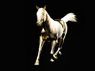Statue of a walking golden horse. Front view. 3d illustration.