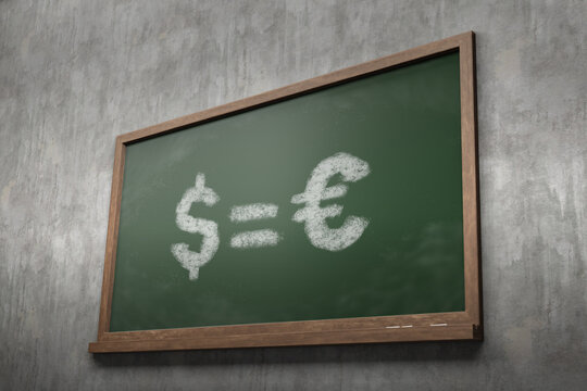 Classroom chalkboard written with a mathematical formula stating dollar sign equals to euro. Illustration of the concept the exchange rate between US dollar and euro is close to 1 to 1.