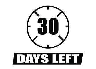 30 days left. Vector with days remaining in black color on white background. Countdown of days.