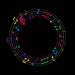 Colorful music notes, round musical frame on black background, vector illustration.