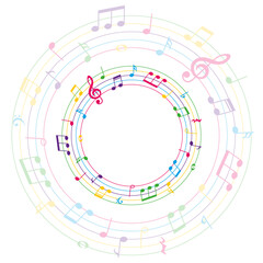 Round colorful musical background, music notes on circle lines, vector illustration.