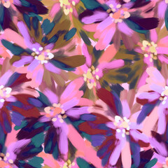 Seamless patterm with painted abstract flowers in impressionism style with oil texture in bright colorful purple tones. Texture for print, fabric, textile, wallpaper.