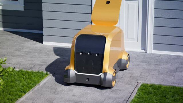 Autonomous robot vehicle unloads packages at the door. Smart delivery. CG render