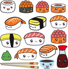 Kawaii Sushi Set 31 Clipart SVG. Japanese food Rolls Printable PNG,SVG. Bundle Japanese Food, Ramen, Wasabi, Makizushi, Silhouette.