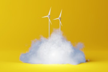 Wind turbines in the cloud. The concept of obtaining electricity from wind, ecology and environmental protection. 3d rendering, 3d illustration.