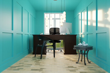 A cozy office with a chair and a desk for applicants with a large window and pastel blue color of the walls. Workplace, office concept. 3d rendering, 3d illustration.