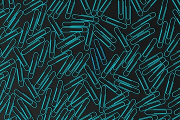 Blue office paper clips on a dark background. Concept of office work, creativity. 3d render, 3d illustration.