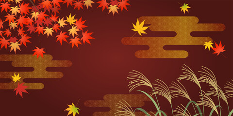 ススキと紅葉の和風イメージ背景_紅色（2：1）_ベクターイラスト