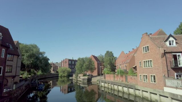 Panorama of the River Wensum, and its banks, in the city of Norwich, Norfolk, Captured from Fye Bridge