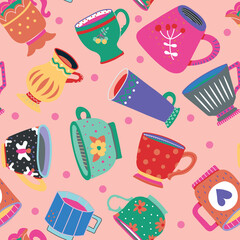 Seamless pattern of different beautiful cups on a pink background. Design element. Beautiful glassware for drinks. Coloring. Vector illustration. Flat design.
