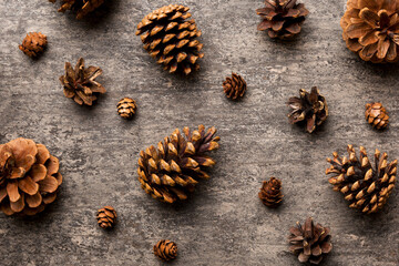 pine cones on colored table. natural holiday background with pinecones grouped together. Flat lay. Winter concept