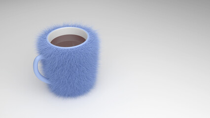 An abstract fantastic scene with a hairy cup of tea. Blue with white cup, overgrown with blue hair. 3D render.