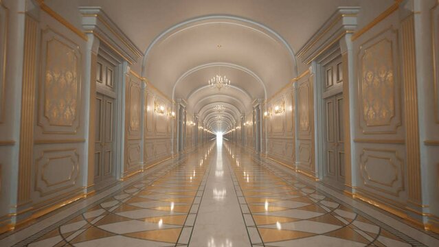 Beautiful bright baroque corridor with gold decor. Seamless looping animation.4K