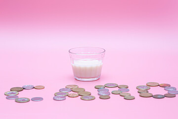 small glass of expensive milk written with coins