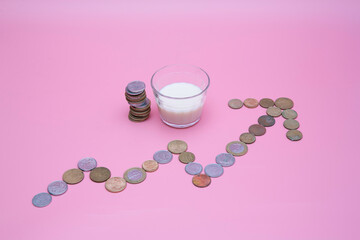 Fototapeta na wymiar small glass of milk with price increase graph written with coins