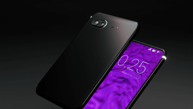 3D Product Render of Two Black Iphones against a Black Background with screen and camera visible in cool colours