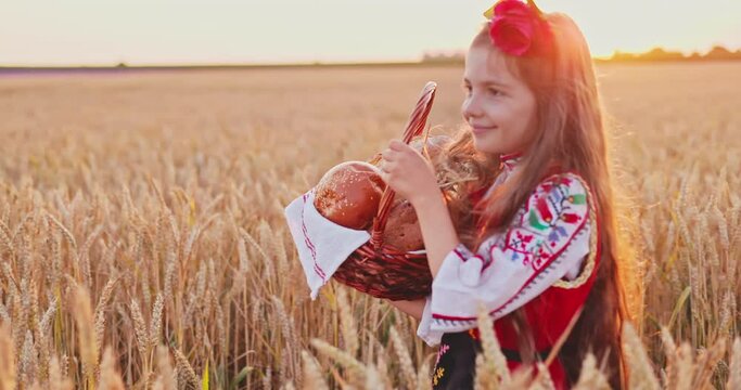 Beautiful girl woman in traditional Bulgarian folklore dress holding wicker basket with homemade breads in wheat field
