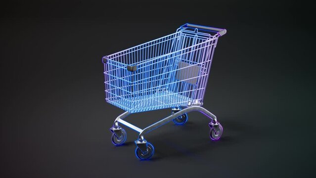 A shopping cart change colors from blue, violet to red. Colorful glowing trolley