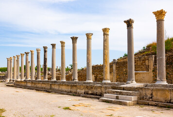 Picturesque landscape overlooking the streets with marble columns and antique statues of the ancient city of Perge, currently ..located near Antalya, Turkey