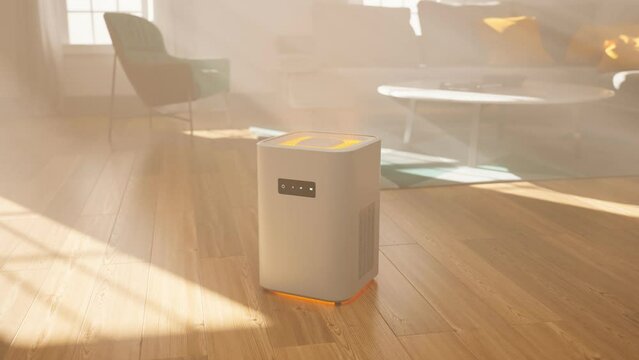 Efficient air purifier device cleaning the smoggy air in a modern interior. 4KHD
