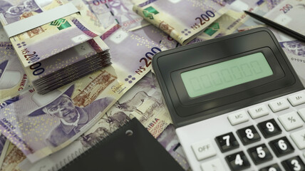 200 Namibian dollar notes spread out  with a calculator, pen and notebook. 3d rendering