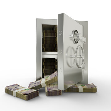Bundles of 200 Namibian dollar in Steel safe box. 3D rendering of stacks of money inside metallic vault isolated on white background, Financial protection concept, financial